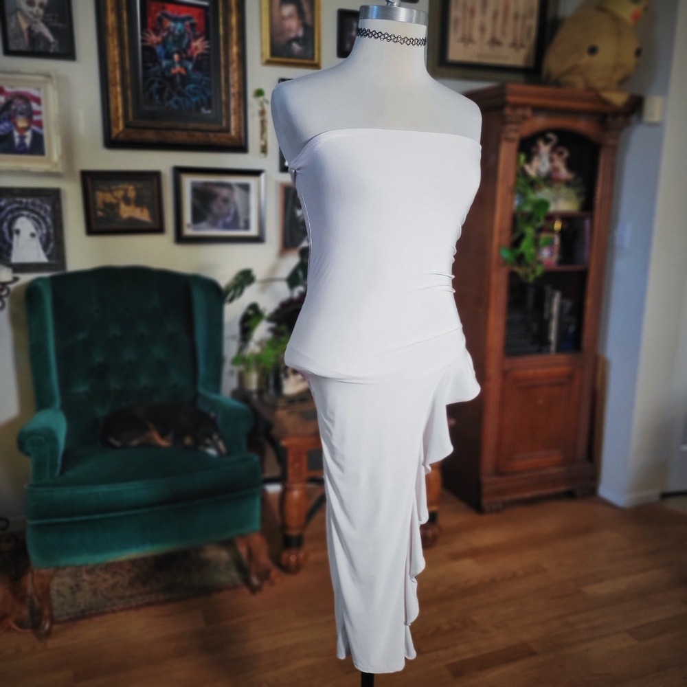 Windsor White Strapless Dress Ruffle Bodycon Midi Asymmetric Ruched Wedding